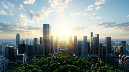 Fototapeta premium Futuristic city skyline with skyscrapers surrounded by greenery, glowing sunlight, evokes
