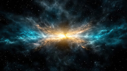 Naklejka premium Bright cosmic explosion radiating blue and orange hues in starry universe