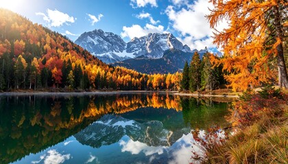 Scenic mountain lake with vibrant autumn foliage reflecting snowy peaks under a partly cloudy sky and warm sunlight