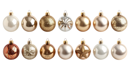 Christmas baubles row in silver and gold isolated on transparent background, elegant minimal holiday decoration. Graphic elements., collage, set, pack, bundle
