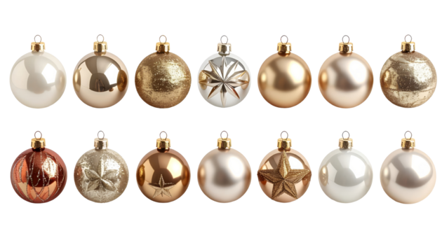 Christmas baubles row in silver and gold isolated on transparent background, elegant minimal holiday decoration. Graphic elements., collage, set, pack, bundle