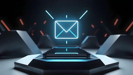 Glowing Blue Email Icon Above Futuristic Pedestal in Dark High-Tech Environment with Neon Light Streaks