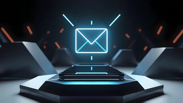 Glowing Blue Email Icon Above Futuristic Pedestal in Dark High-Tech Environment with Neon Light Streaks