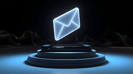 Glowing Translucent Blue Envelope Icon Above Sleek Smartphone on Circular Pedestal in Futuristic Minimalist Setting