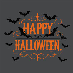 Happy halloween text with flying bats and decorative elements.