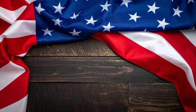 American flag partially draped over a dark wooden surface