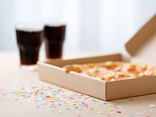 Open pizza box on table with colorful confetti and two glasses of dark soda creating festive mood