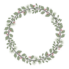 Vektorgrafik mit einem Kranz aus Zweigen und Beeren. Freier Platz für Text. Vorlage für Einladungen, Grußkarten, Social Media Posts und Werbung.