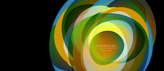 Fototapeta premium Abstract layered shapes create vibrant circular design. Colors blend, forming dynamic visual effect. Text reads background design.