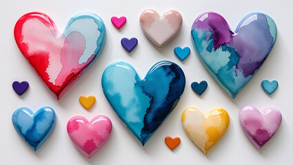 Fototapeta premium Colorful resin hearts creating a vibrant pattern on white background