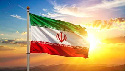 Iranian national flag waving against a glowing sunrise or sunset