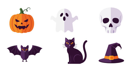 Spooky Halloween Icons Pumpkin, Ghost, Bat, Cat & Skull