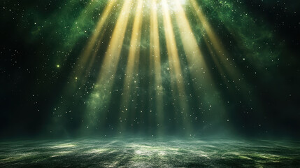 Golden cosmic haze blending with soft green aurora creates serene atmosphere