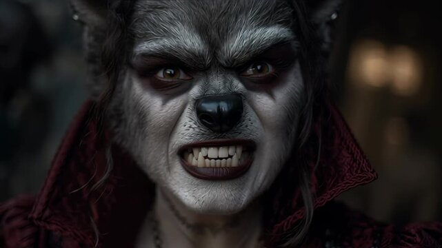 Fierce werewolf woman in red dress stares intensely.
