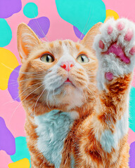 Playful orange tabby with raised paw against a pastel abstract background in soft studio light