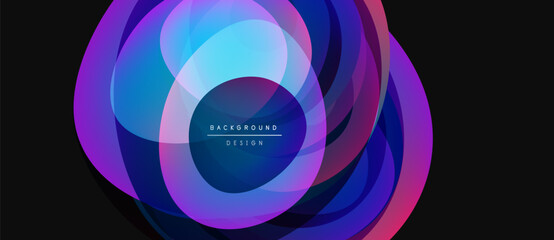 Abstract colorful layers create dynamic visual effect. Gradient shades blend, forming circular design with text overlay. Modern, vibrant composition.