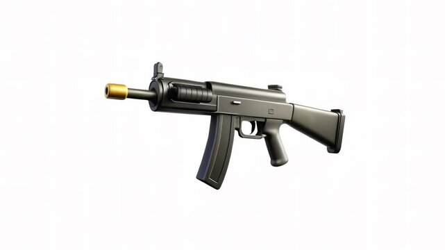 A realistic 3D model of a black submachine gun with a golden tip against a plain background.