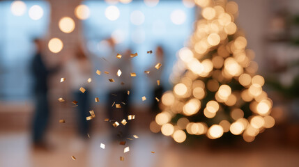Warm toned Christmas office party scene with coworkers celebrating near decorated tree and golden confetti falling joyfully