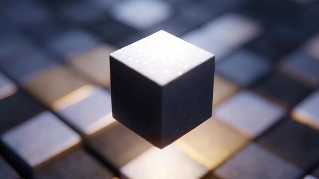 Floating black cube with glowing edges hovers above grid of metallic cubes, illuminated by soft light, creating futuristic, abstract, and minimalistic scene with illuminated, glowing, metallic