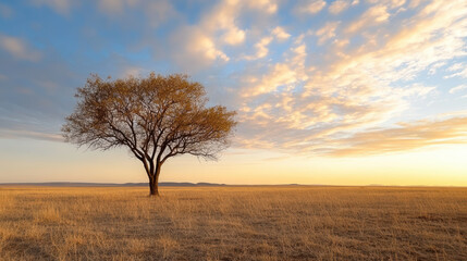 Solitary tree stands in vast field under beautiful sky, showcasing golden hues at sunset