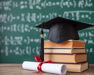 Graduation cap and diploma on a stack of books with complex mathematical formulas written on a traditional green chalkboard