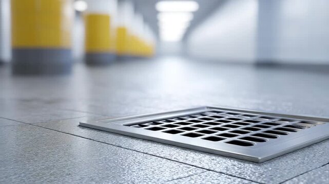 Metal floor drain grid tile indoor clean hallway with modern reflection, shiny wet surface, yellow columns, and stainless steel square grid on clean tiled concrete in bright indoor space