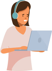 Young woman wearing headphones working from home using laptop, enjoying remote work and freelance lifestyle