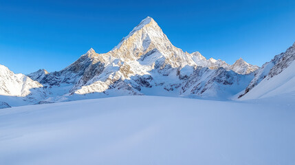 Fototapeta premium Majestic snow capped mountain peak under clear blue sky, showcasing serene beauty and grandeur