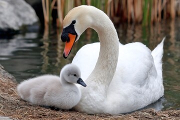 Obraz premium Swan protecting cygnet by water, illustrating family bond