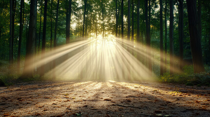 Obraz premium Golden light cutting through fog in woodland creates serene atmosphere