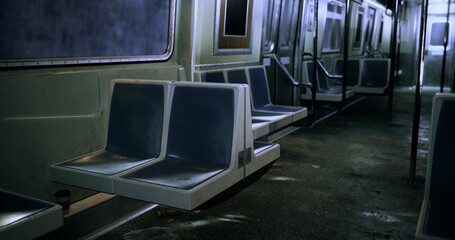 A deserted subway train interior features vacant seats and dim lighting, creating a quiet atmosphere. The floor shows signs of wear, emphasizing neglect and solitude in public transport.