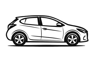 Fototapeta premium Sleek and Modern Hatchback Car Side Profile Vector Illustration – Dynamic Compact Vehicle Line Art for Automotive Design, Web Graphics, Logos, and Transportation Concepts in Black and White Outline