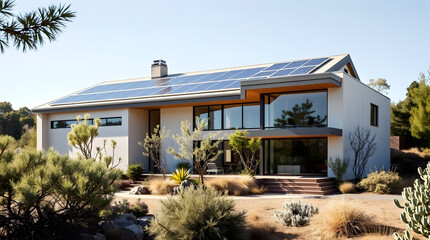 Fototapeta premium solar home, sustainable house, courtyard design, eco architecture, daylight living, renewable energy, minimalist home, modern sustainability, green roof, natural light