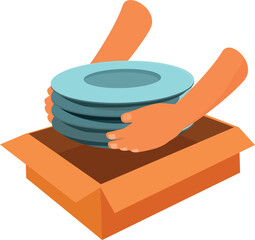 Hands carefully placing stack of plates into open cardboard box, preparing for move or storage