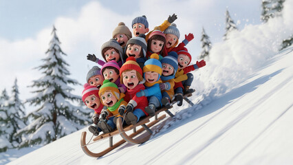 Big group of children excitedly sledding down on a wooden sled through fresh snow in a funny winter adventure scen