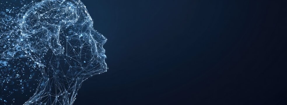 A side profile of a human head made of interconnected dots and lines on a dark blue background