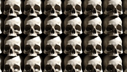 Many human skulls stacked on top of each other