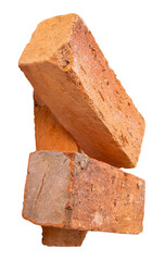 Side view of three cracked old red or orange bricks in stack isolated with clipping path in png file format
