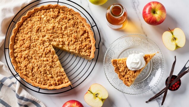 Delicious apple crumble pie with a slice on a plate, apples, honey and vanilla beans on white table