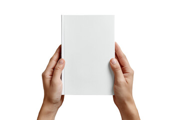 Hands holding a blank white book isolated on transparent background