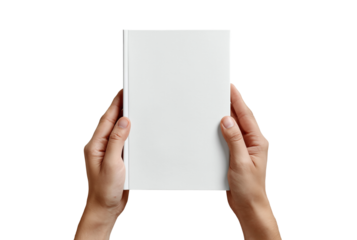 Hands holding a blank white book isolated on transparent background