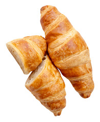 Top view of one brown or golden croissants with two halves in stack isolated on white background with clipping path