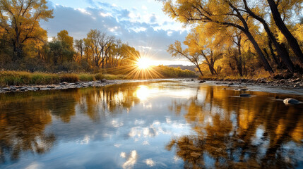 Obraz premium Golden rays illuminate tranquil river surrounded by autumn trees, creating serene atmosphere
