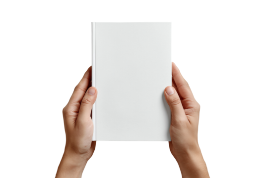 Hands holding a blank white book isolated on transparent background