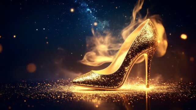 Golden high-heeled shoe on a bed of glittering dust under a starry night sky