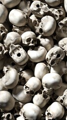 Many human skulls stacked on top of each other