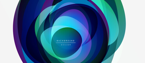 Abstract circular design. Layers overlap, creating vibrant blue, green hues. Center text reads background design. Modern, dynamic composition.