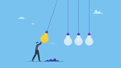 Businessman manager pull bright lightbulb as pendulum to transfer knowledge. Knowledge sharing or skill transfer to inspire team, idea or creativity to motivate people or career improvement.