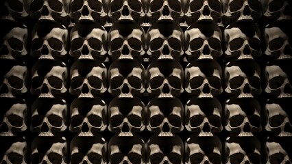Many human skulls stacked on top of each other