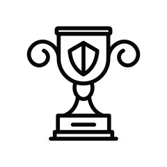 A black trophy icon with a shield and swirls on the handles set on a pedestal